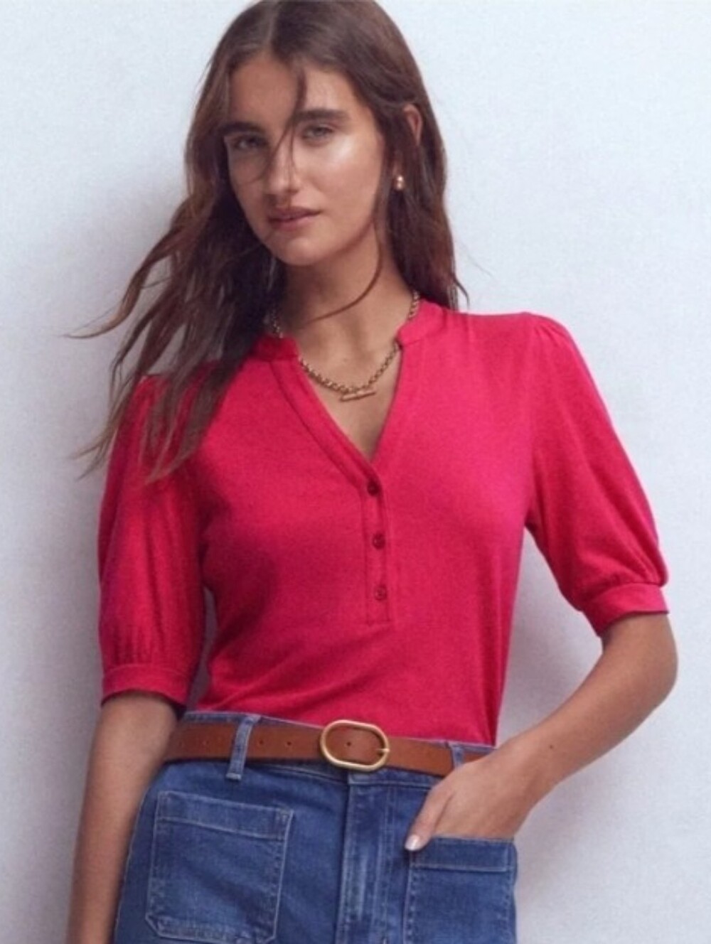 Boden Supersoft Short Sleeve Henley In  Pomegranate Size 6